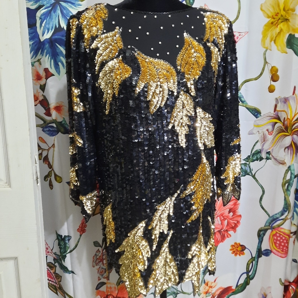 ~{Oleg Cassini}~ Vintage silk sequined cocktail dress. - Picture 3 of 12